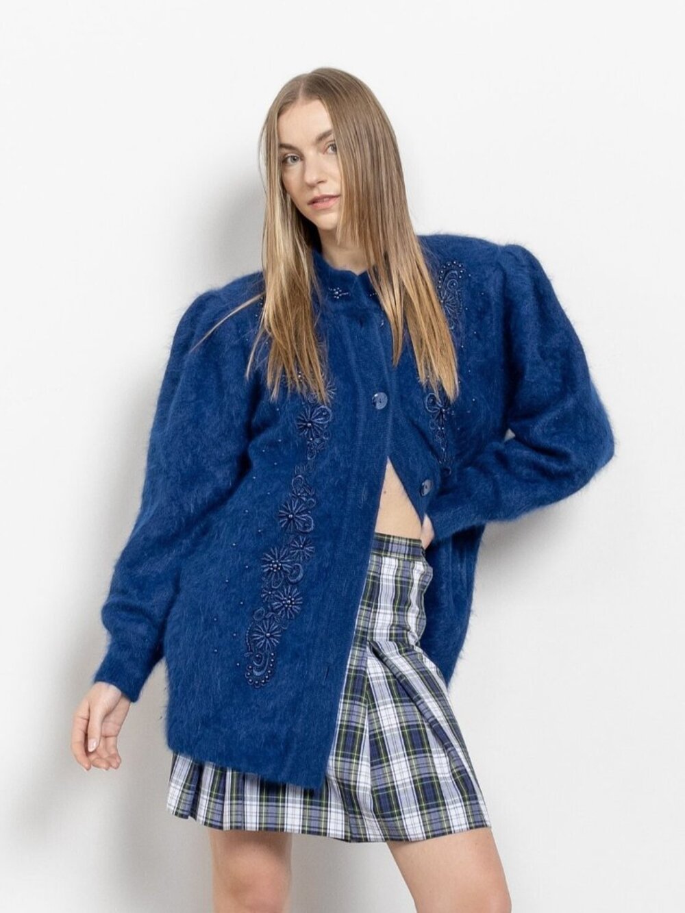 BLUE ANGORA CARDIGAN Beaded Longline Vintage Jumper Wool Lined Embellished Cozy